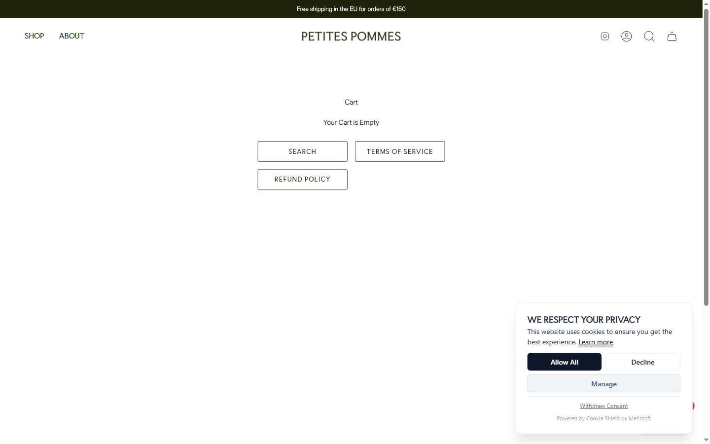 Petites Pommes Cart â€” Empty Cart, No Threshold Progress Bar